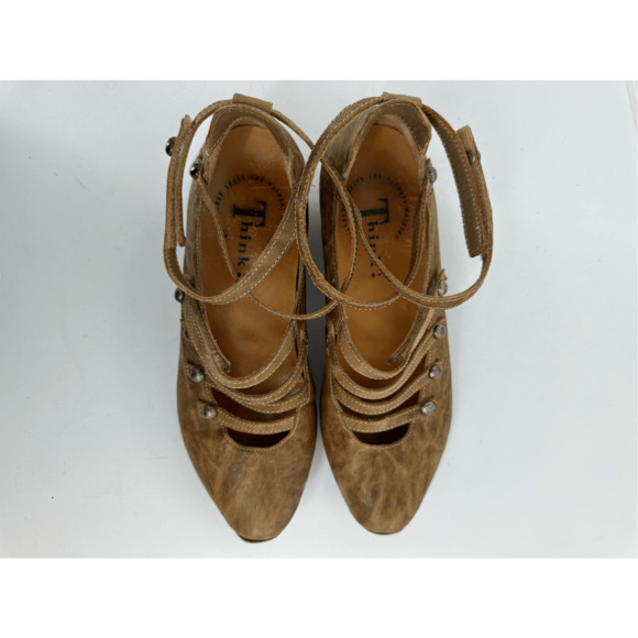 Think Strappy Distressed Leather Heels Sandals Equestrian Regency Boho Size 7 - Picture 13 of 14